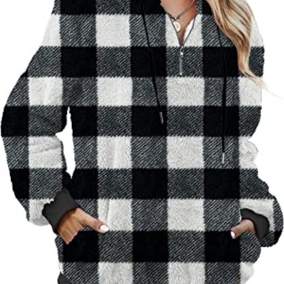 Women Casual Double Fuzzy Sweatshirt Faux Fleece Zip Pullover Hoodies - Picture 2 of 5